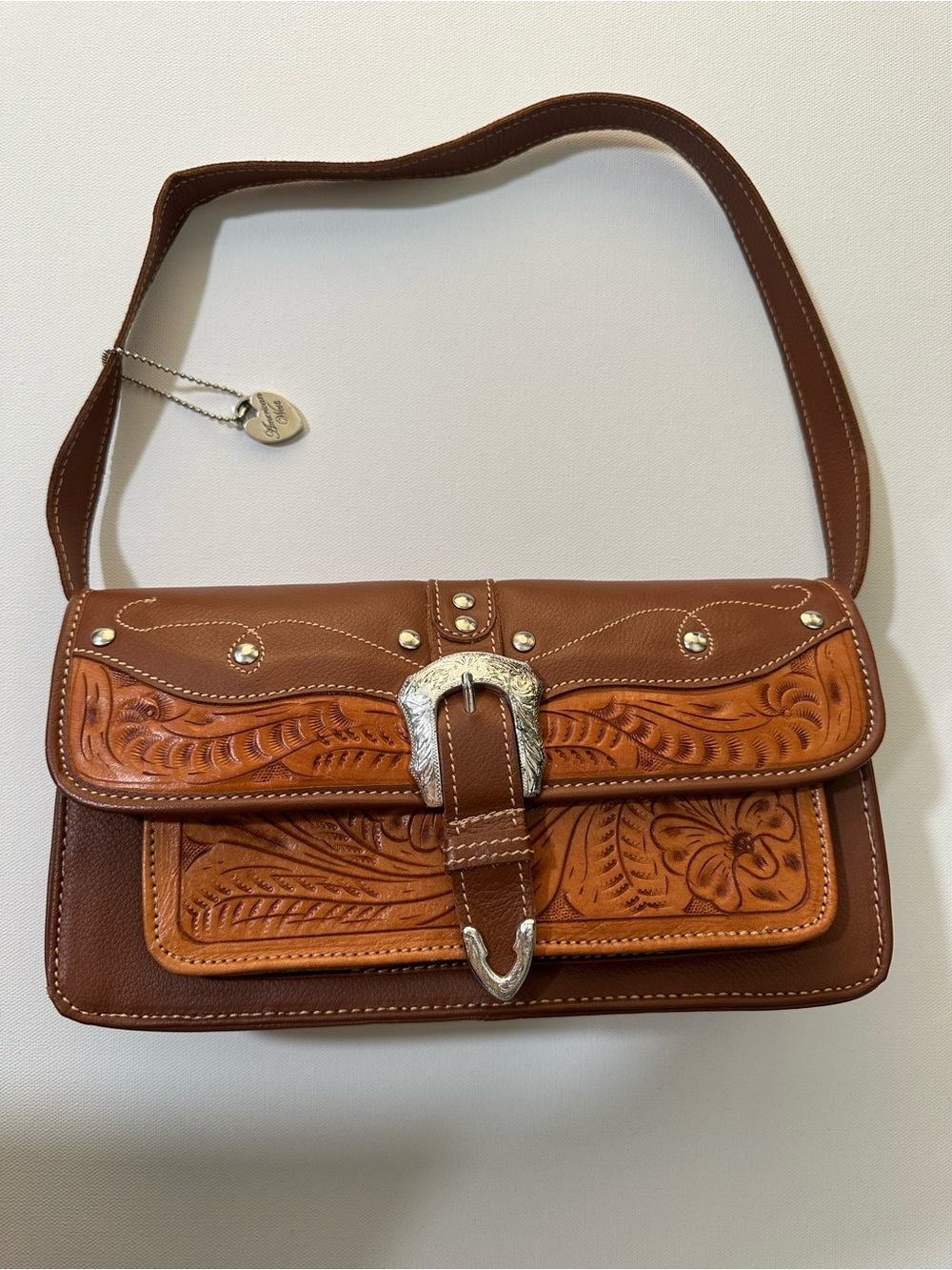 VINTAGE American West Hand Tooled Leather Shoulder Bag - Floral Buckle